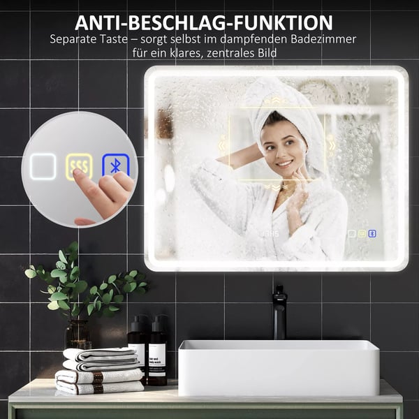 Badspegel med LED-belysning, Bluetooth och klocka, 70x90 cm, Silver, Härdat glas, Imfri