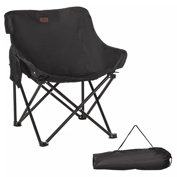 Outsunny foldbar campingstol, sort polyester med sidelomme, stålramme, bærbar til udendørs brug