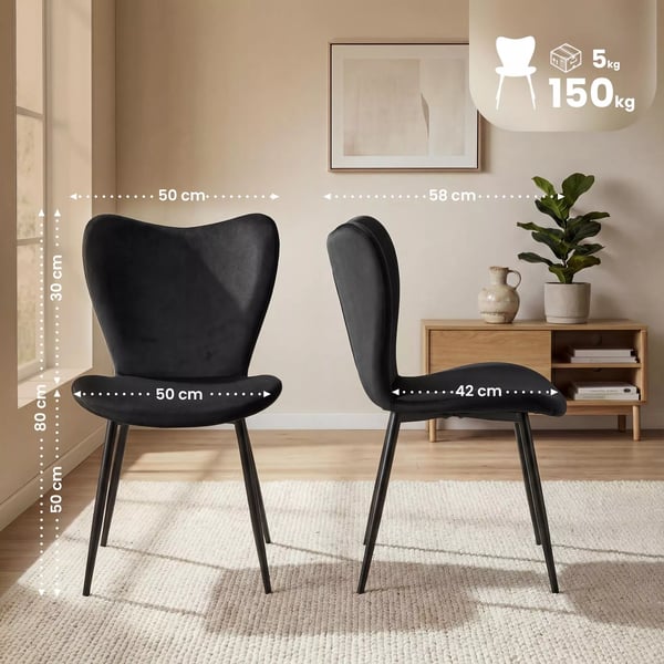 Maika fløjlsspisebordsstol, sort metalramme, høj siddekomfort, moderne og tidløst design