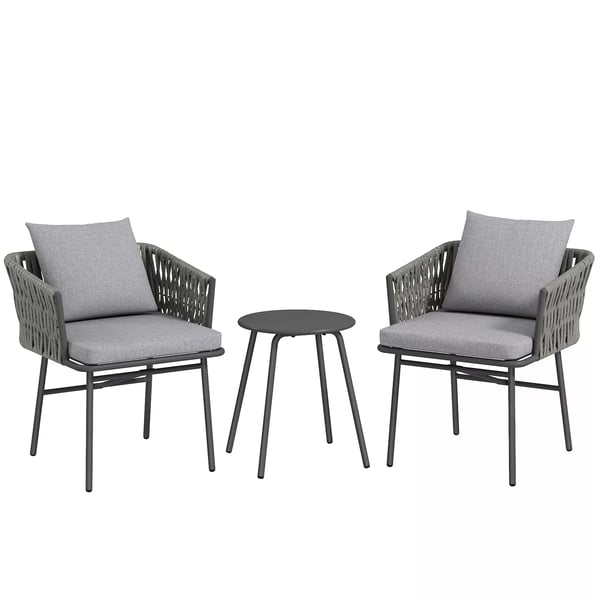 Outsunny 3-delat Bistroset i Konstrotting med Bord och 2 Stolar, Stålram, Grå Dynor, för Uteplats/Balkong