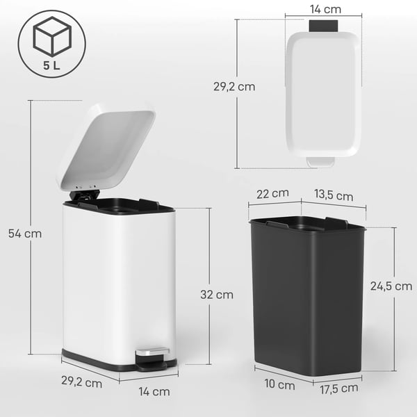 HOMCOM 5L affaldsspand, pedalspand med låg og fodpedal, inderspand, metal, hvid, 29,2x14x32 cm, til stue, kontor