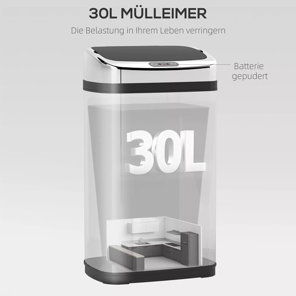 HOMCOM Automatisk sensor-skraldespand, affaldsspand med IR-sensor, 30L, firkantet, valgfri inderspand, rustfrit stål