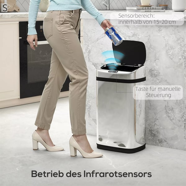 HOMCOM Automatisk sensor-skraldespand, affaldsspand med IR-sensor, 30L, firkantet, valgfri inderspand, rustfrit stål
