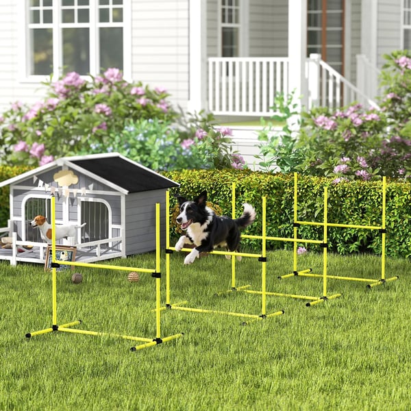 PawHut Hund Agility Træningssæt - 4 Dele Hürder & Slalom pinde - Plastik, Gul - 99x65x94cm