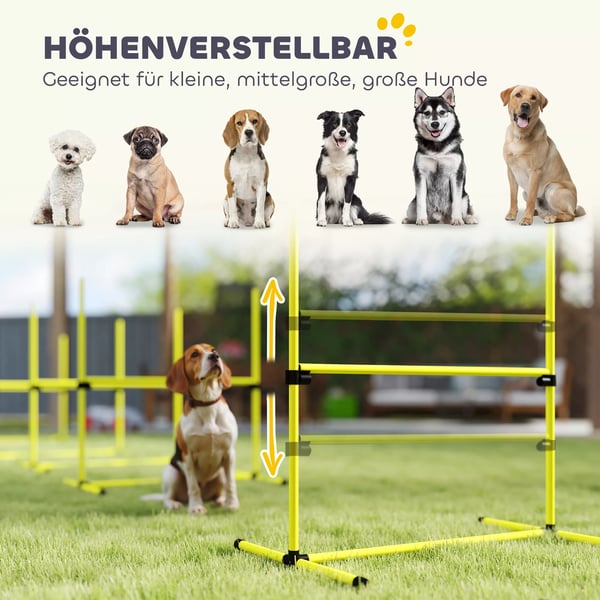 PawHut Hund Agility Træningssæt - 4 Dele Hürder & Slalom pinde - Plastik, Gul - 99x65x94cm