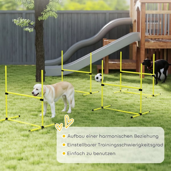 PawHut Hund Agility Træningssæt - 4 Dele Hürder & Slalom pinde - Plastik, Gul - 99x65x94cm