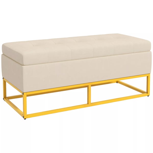HOMCOM Säilytyspenkki pehmustettu, saranakansi, sametti-look, teräsjalat, beige, 110x44x49cm