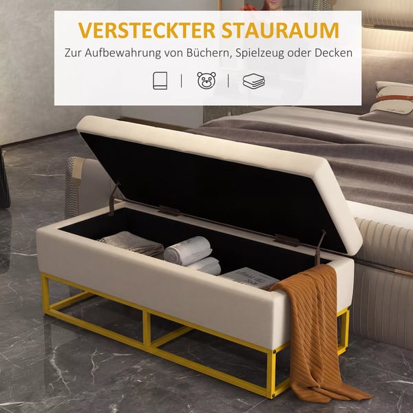 HOMCOM Siddende Puf med Opbevaring - Polstret Bænk med Låg i Fløjl-look, Beige - 110x44x49cm