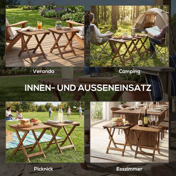 Outsunny sidebord udendørs 2-delt sæt klapbord træ have altan teak 45x45x45 cm