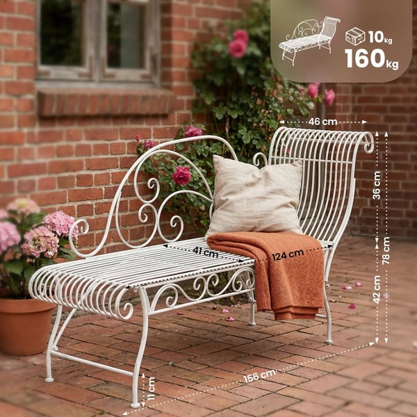 Antik hvid metal havebænk 78cm H x 156cm B x 46cm D