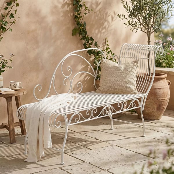 Antik hvid metal havebænk 78cm H x 156cm B x 46cm D