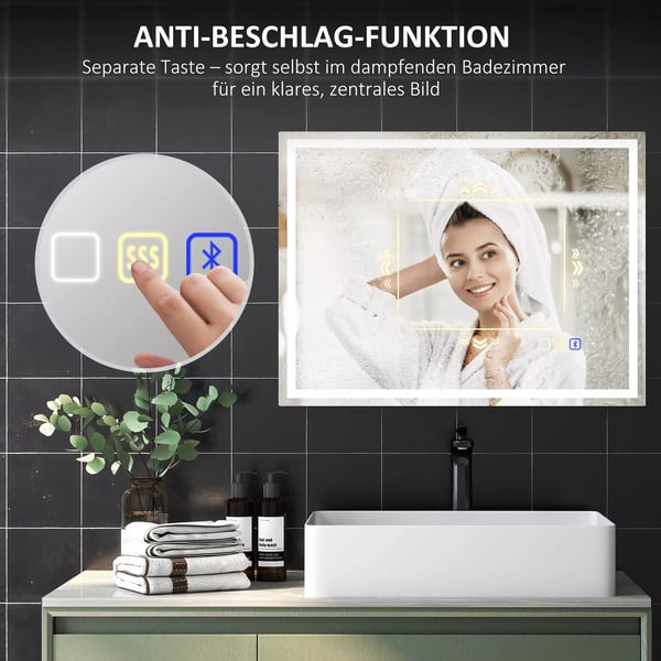 HOMCOM Badeværelsesspejl 80x60 cm, LED, Bluetooth, Ur, Dugfri, Sølv