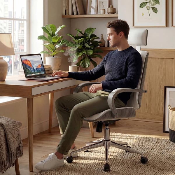 Dayton kontorstol - Ergonomisk kunstlæder, grå/hvid med metalstel, 360° drejefunktion og justerbar vippefunktion
