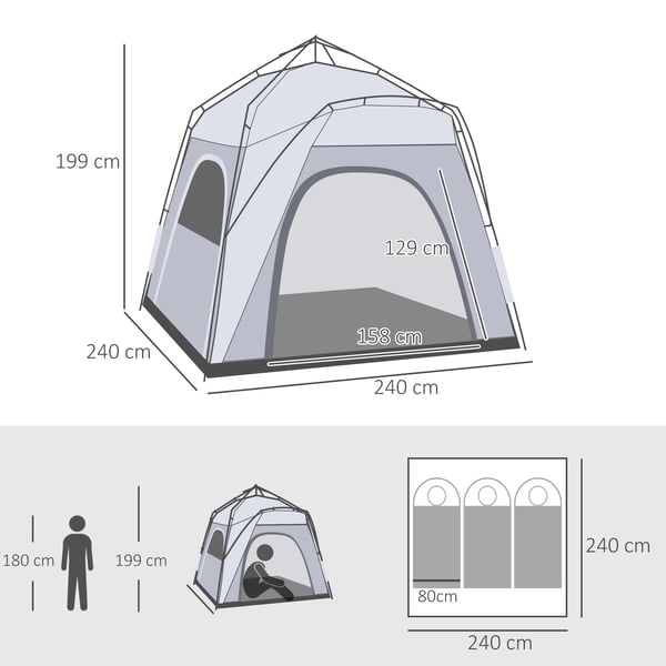 Outsunny Kuppeltelt til 4 pers. Lysegrå Polyester, 1000mm vandsøjle, UV beskyttelse, let & vandtæt til camping/rejse
