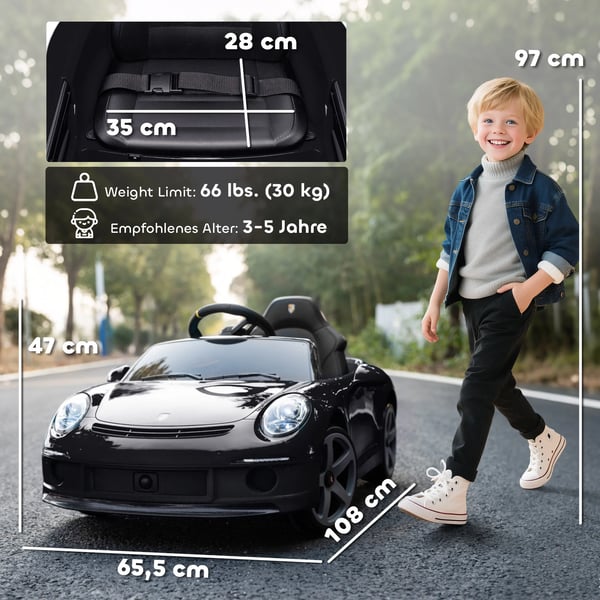 AIYAPLAY Elektrisk Børnekøretøj - RUF GT, Fjernstyret, Musik, USB, Seler, 3-5 År, Sort