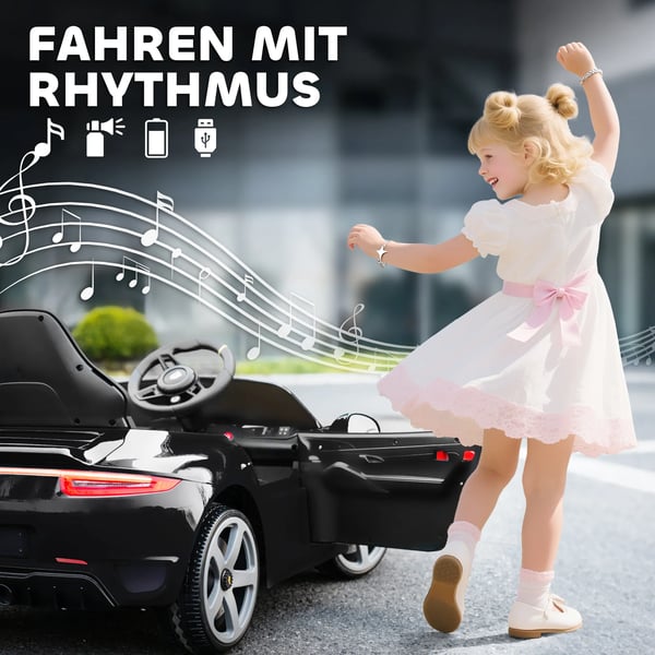 AIYAPLAY Elektrisk Børnekøretøj - RUF GT, Fjernstyret, Musik, USB, Seler, 3-5 År, Sort