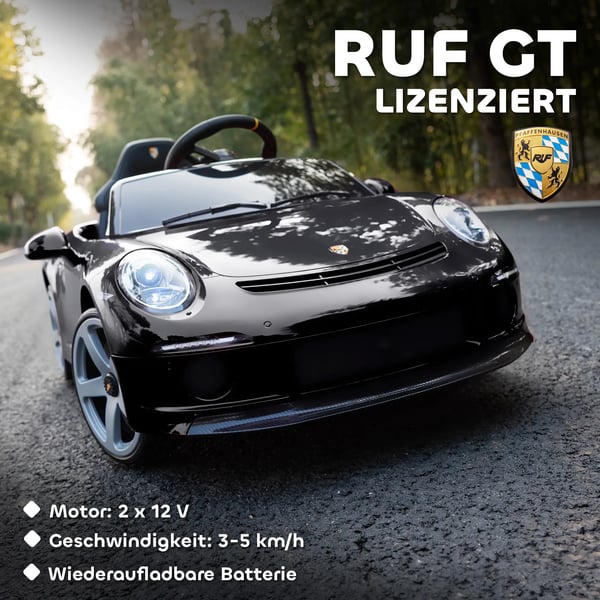 AIYAPLAY Elektrisk Børnekøretøj - RUF GT, Fjernstyret, Musik, USB, Seler, 3-5 År, Sort