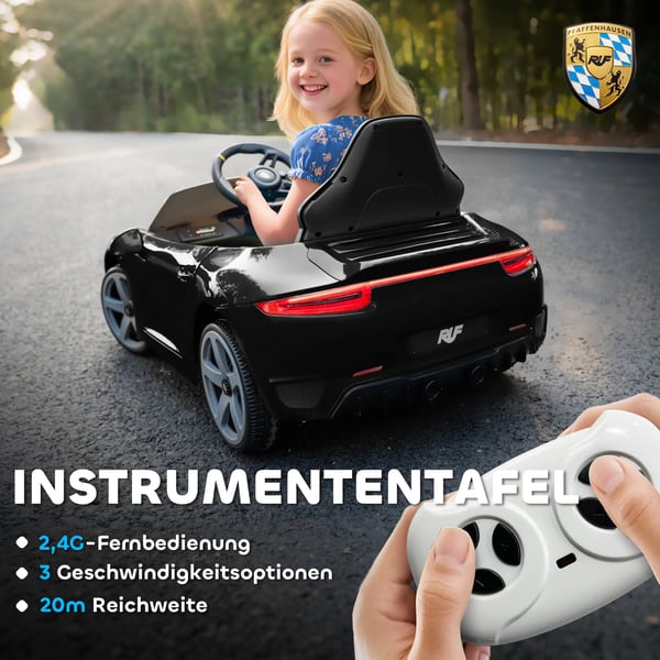 AIYAPLAY Elektrisk Børnekøretøj - RUF GT, Fjernstyret, Musik, USB, Seler, 3-5 År, Sort
