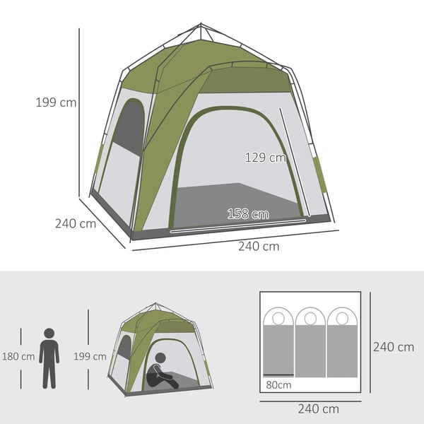 Outsunny campingtelt til 5 personer, automatisk pop-up, vejrbestandigt polyester, vinduer, militærgrøn+grå, 240x240x199cm