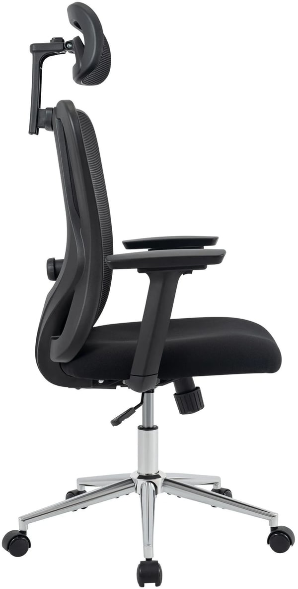 Bryden kontorstol sort - Ergonomisk mesh-ryglæn, justerbar lændestøtte og nakkestøtte, 3D armlæn, krom-look metalramme, 135 kg belastning
