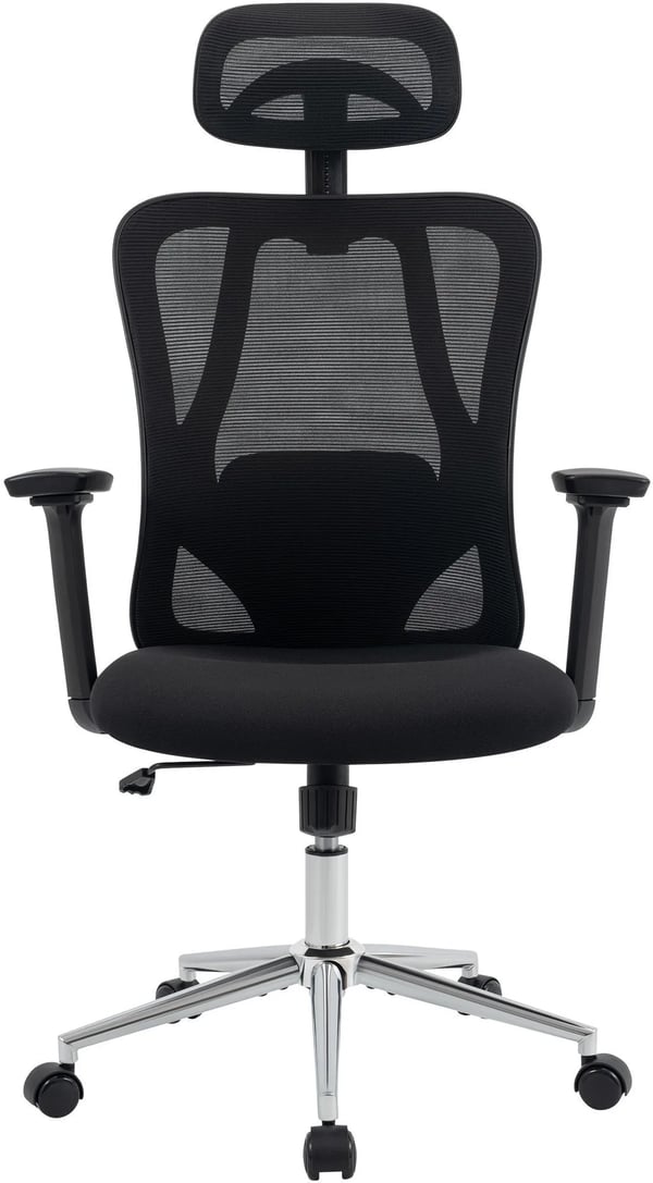 Bryden kontorstol sort - Ergonomisk mesh-ryglæn, justerbar lændestøtte og nakkestøtte, 3D armlæn, krom-look metalramme, 135 kg belastning