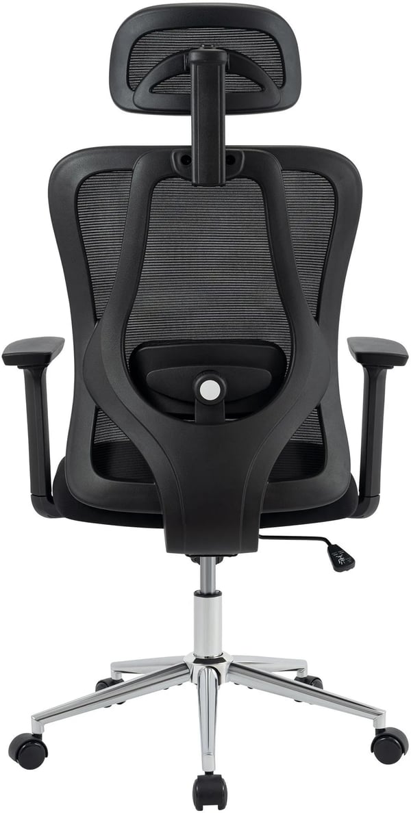 Bryden kontorstol sort - Ergonomisk mesh-ryglæn, justerbar lændestøtte og nakkestøtte, 3D armlæn, krom-look metalramme, 135 kg belastning