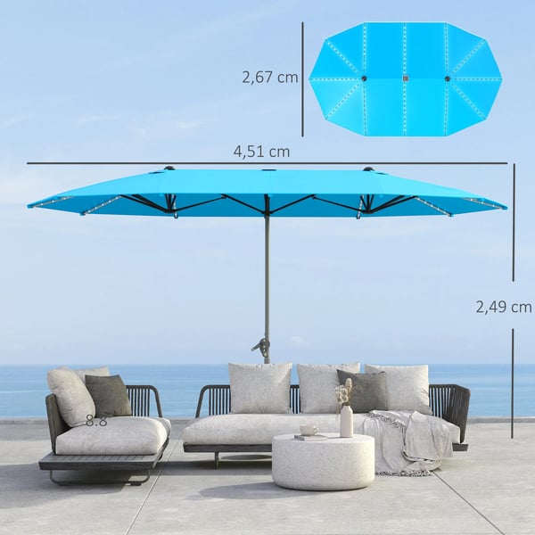 Outsunny Dobbelt Parasol med Solcelle-LED, 451x267 cm, Aluminium, Blå, UV 50+