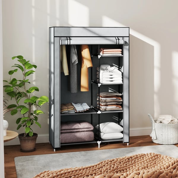 HOMCOM Stoffskab, 6 rum, grå, 103x43x162,5cm, foldbart klædeskab i fleece-look