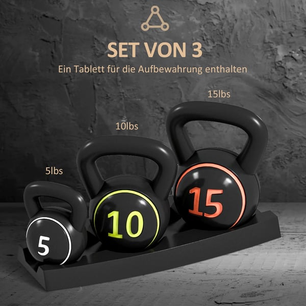 HOMCOM Kettlebell Sæt, 3 stk. 2,2 kg, 4,5 kg, 6,8 kg, Træningsvægte, Sort Plastik