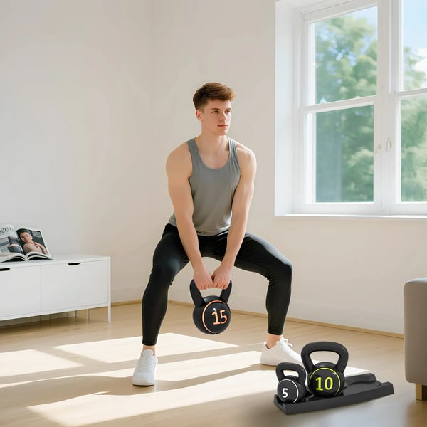 HOMCOM Kettlebell Sæt, 3 stk. 2,2 kg, 4,5 kg, 6,8 kg, Træningsvægte, Sort Plastik