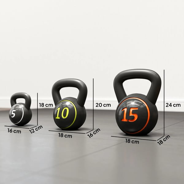 HOMCOM Kettlebell Sæt, 3 stk. 2,2 kg, 4,5 kg, 6,8 kg, Træningsvægte, Sort Plastik