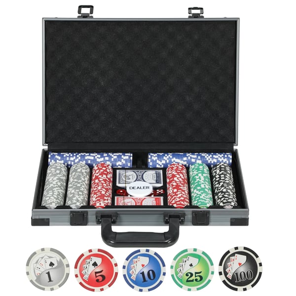 SPORTNOW Pokerisetti Alumiinikotelolla - 400 Pelimerkkiä, 2 Korttipakkaa, 5 Noppaa, Pelimatto, Jakajakiekko, Harmaa