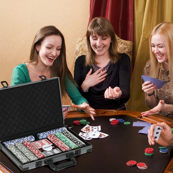 SPORTNOW Poker Kuffert Sæt med 400 chips (11,5g), 2 kortspil, 5 terninger, dealer-skive, spillemåtte i aluminiumskuffert (Grå, Kunststoff)