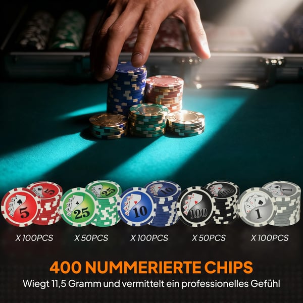 SPORTNOW Poker Kuffert Sæt med 400 chips (11,5g), 2 kortspil, 5 terninger, dealer-skive, spillemåtte i aluminiumskuffert (Grå, Kunststoff)