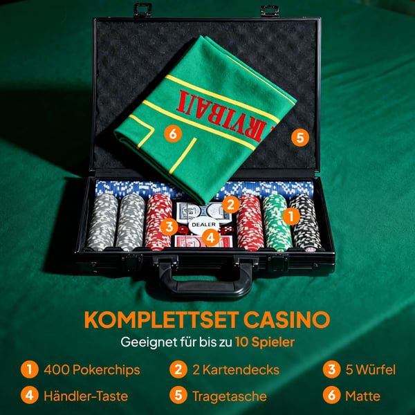 SPORTNOW Poker Kuffert Sæt med 400 chips (11,5g), 2 kortspil, 5 terninger, dealer-skive, spillemåtte i aluminiumskuffert (Grå, Kunststoff)
