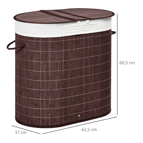 HOMCOM Bambu Pyykkikori 100L, 2 Lokeroa, Kannellinen, Harmaa