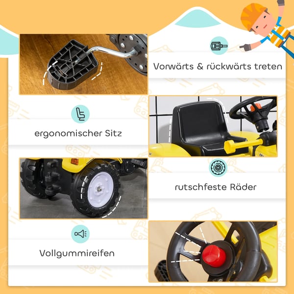 HOMCOM Gravemaskine til at sidde på, Ride-on gravemaskine med skovl til 3-årige, pedaltraktor, skubbekøretøj, 114x41x54 cm