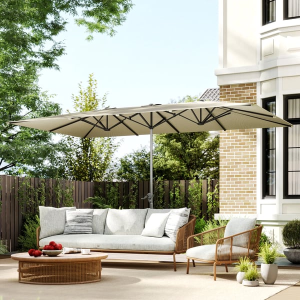 Outsunny Dobbeltparasol UV50+ 451 x 264 cm, Cremefarvet, Polyester, Haveskærm med håndsving