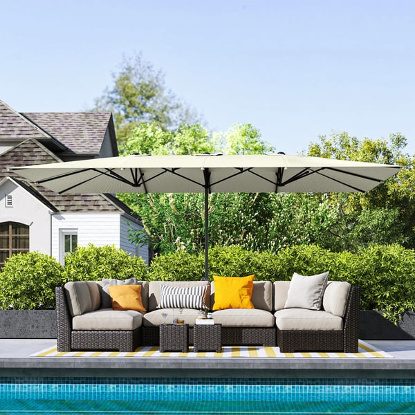 Outsunny Dobbeltparasol UV50+ 451 x 264 cm, Cremefarvet, Polyester, Haveskærm med håndsving