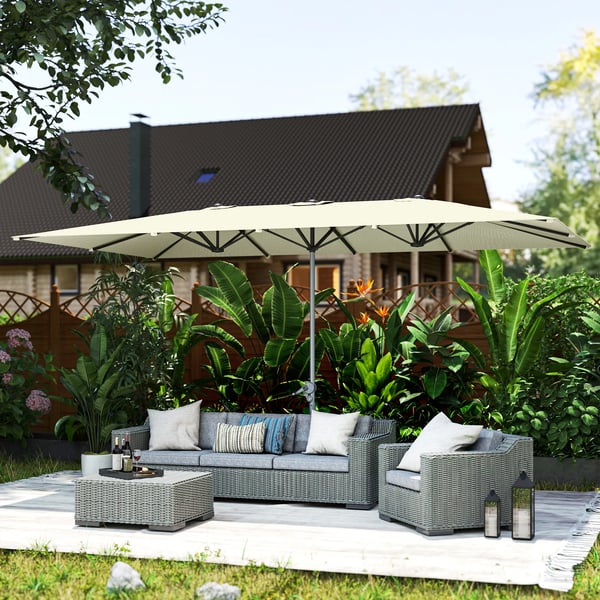 Outsunny Dobbeltparasol UV50+ 451 x 264 cm, Cremefarvet, Polyester, Haveskærm med håndsving