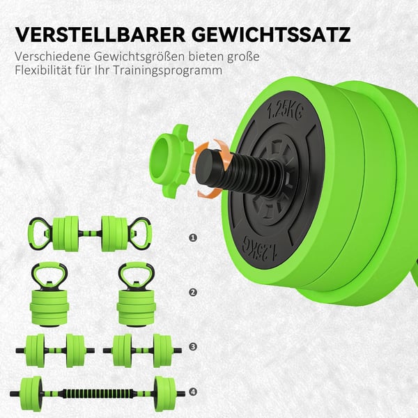SPORTNOW 4-i-1 Vægtætsæt 20 kg – Justerbar Håndvægt & Vægtstang, Kettlebell, Armbøjninger – Grøn Plastik
