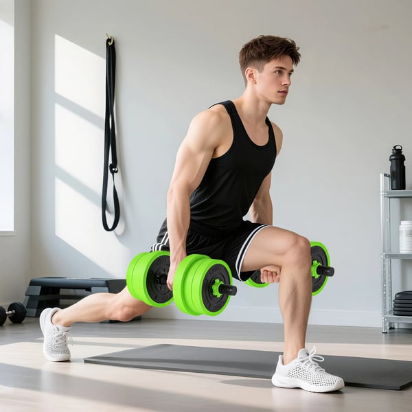SPORTNOW 4-i-1 Vægtætsæt 20 kg – Justerbar Håndvægt & Vægtstang, Kettlebell, Armbøjninger – Grøn Plastik