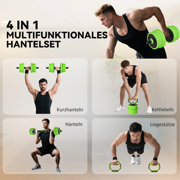 SPORTNOW 4-i-1 Vægtætsæt 20 kg – Justerbar Håndvægt & Vægtstang, Kettlebell, Armbøjninger – Grøn Plastik