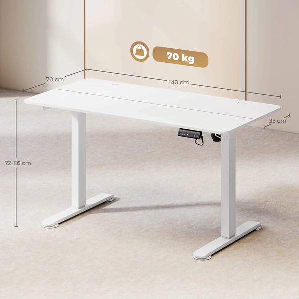 Vinsetto Højdejusterbart skrivebord 140x70cm elektrisk computerbord med 4 hukommelsesindstillinger, ergonomisk sidde-stå-skrivebord, krog, antikollision, hvid