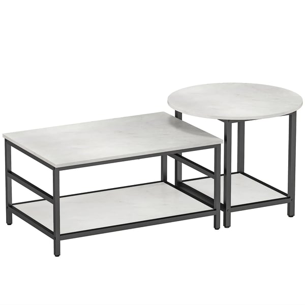 HOMCOM Set med 2 Soffbord, Sidobord i Marmorlook, Svart/Vit Stål och Spånskiva