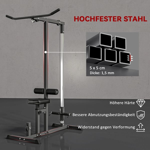 HOMCOM Træningsstation til hjemmebrug - Multifunktionel med justerbart sæde og remhjul, stål/PVC, sort, 107x120x190cm