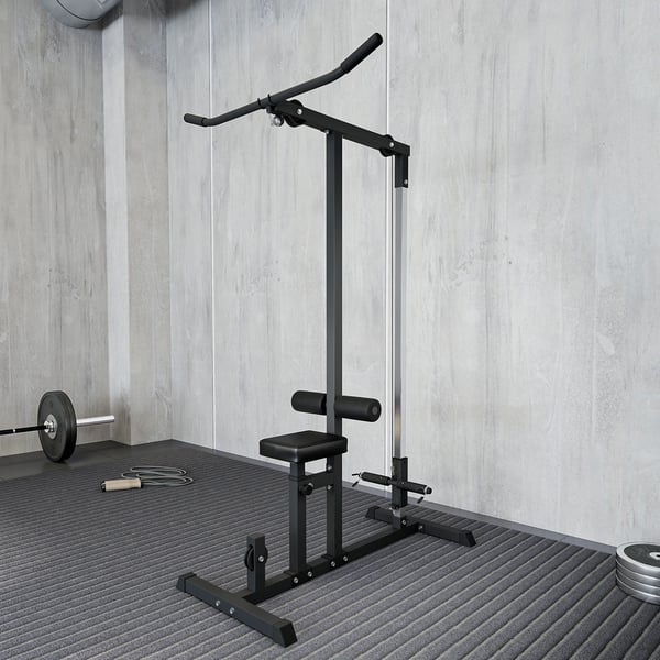 HOMCOM Træningsstation til hjemmebrug - Multifunktionel med justerbart sæde og remhjul, stål/PVC, sort, 107x120x190cm