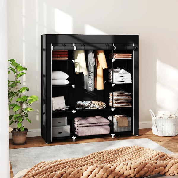 HOMCOM Klædeskab med lynlås, 1 bøjlestang, 10 hylder, 150x43x162,5cm, sort