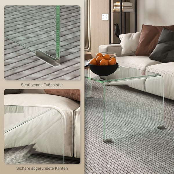 HOMCOM Stabilt sofabord i glas, design i ét stykke, enkelt og moderne, 80 x 45 x 35 cm, gennemsigtig