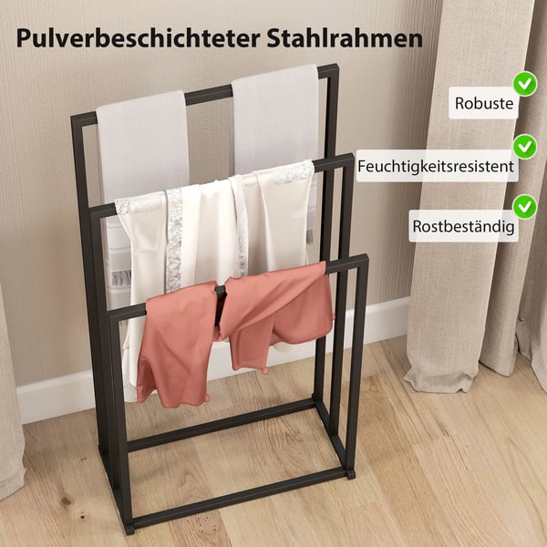 HOMCOM Stående Håndklædeholder af Sort Stål med 3 Stænger - 45x21,5x85 cm
